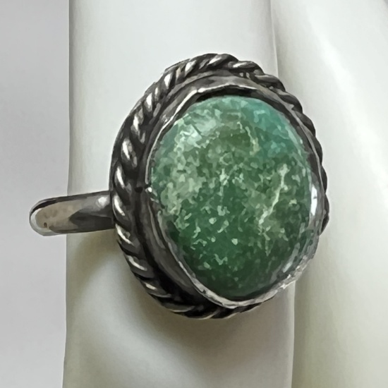 Early Sterling Silver Ring with Green Stone Size 6