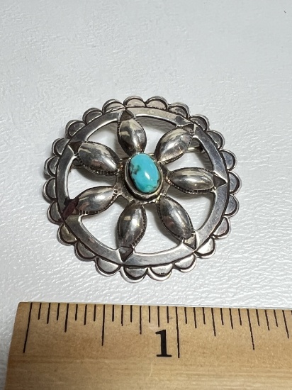 Vintage Sterling Silver Native American Pin with Turquoise Stone