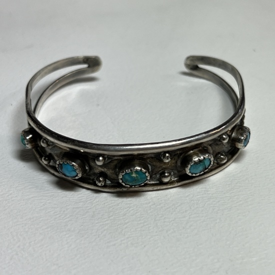 Vintage Sterling Silver Native American Cuff Bracelet with Turquoise Stones