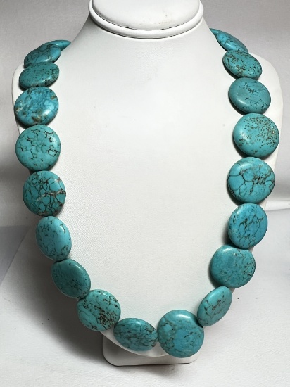 Vintage Native American Turquoise Stone & Sterling Beaded Necklace