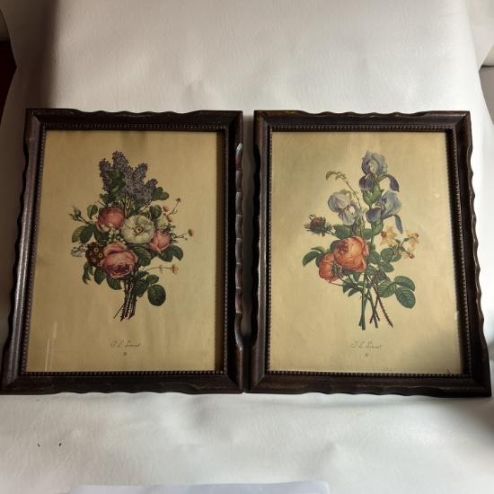 Pair of Vintage Floral Prints by J. L. Prevost in Wooden Frames