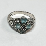 Vintage Sterling Silver Ring with Openwork Sides & Blue Stones - Size 10