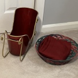 3 Pc Christmas Lot - Santa's Sleigh, Table Cloth & Basket