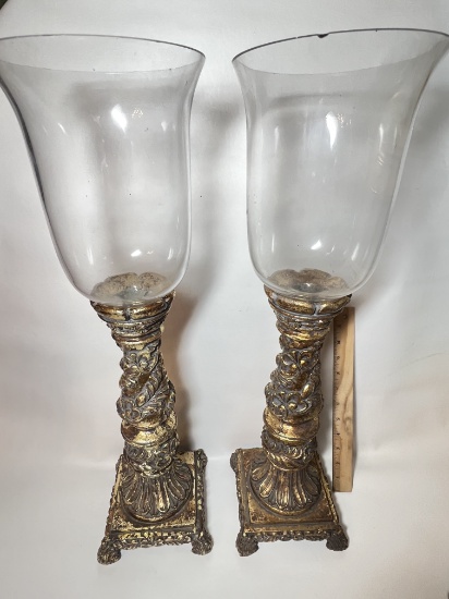 Tall Heavy Carved Candle Holders with Gilt Accent & Glass Globes