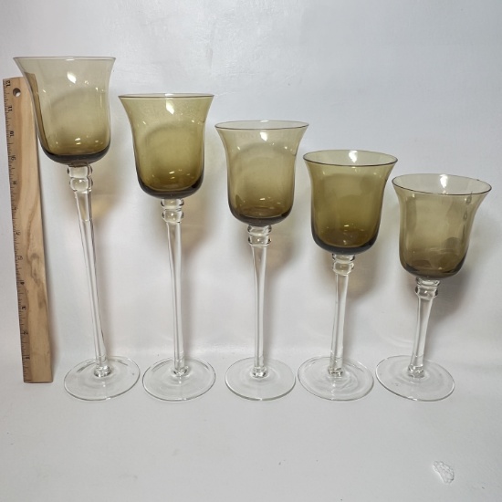 5 pc Smoky Bronze Graduated Candle Holders with Original Box