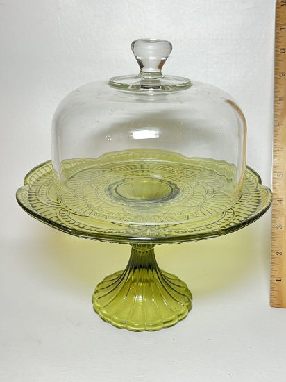 Pretty Green Glass Pedestal Dish with Clear Glass Dome