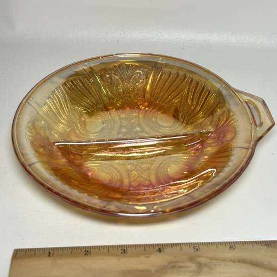 Vintage Amber Carnival Glass Divided Dish with Single Handle