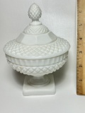 Vintage Fenton Diamond Cut Milk Glass Lidded Pedestal Dish