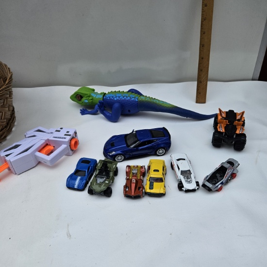 Basket Lot of Assorted Toys, Hot Wheels and More
