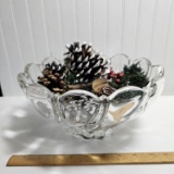 Crystal Wave Bowl with Greenery, Pine Cones and Cinnamon Stick