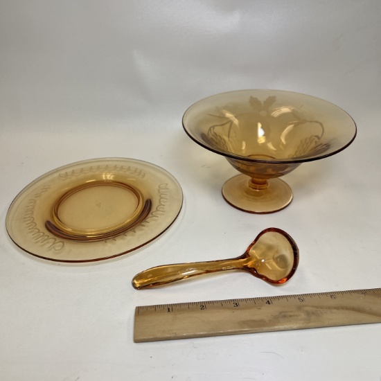 3 Pc Etched Amber Glass Footed Dish, Plate & Ladle