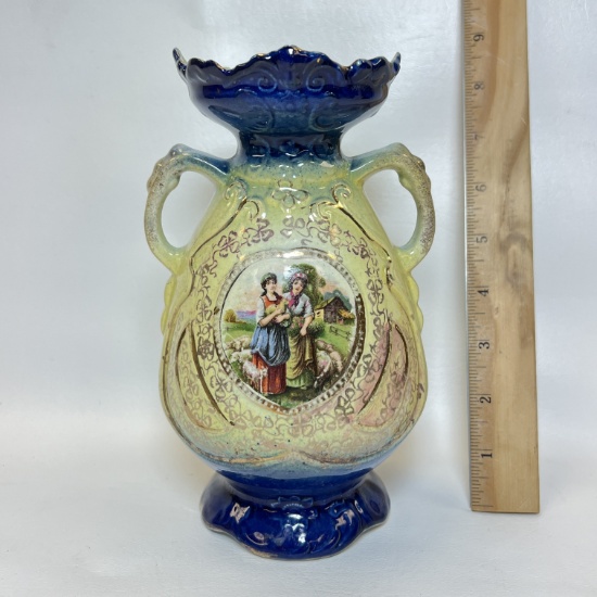 Double Handled Antique Wilton Ware Vase with Gilt Accent & Center Farm Picture