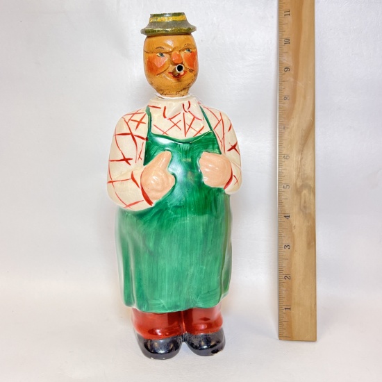 Vintage Ceramic German Decanter with Wooden Carved Head Cork