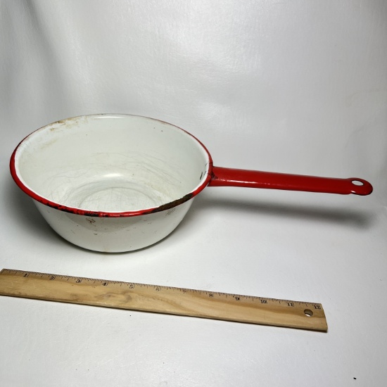 Vintage White Enamel Pot with Red Handle & Rim