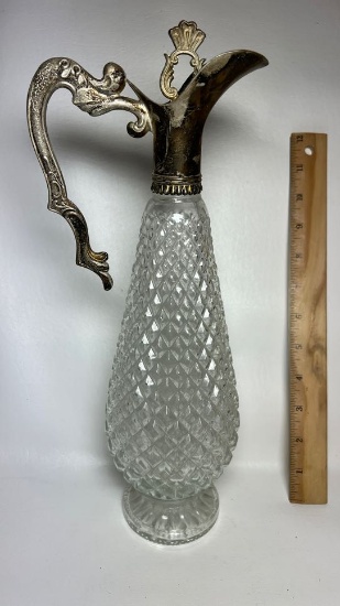 Crystal Diamond Pattern Wine Decanter with Silver Plated Handle & Spout with Cork Stopper
