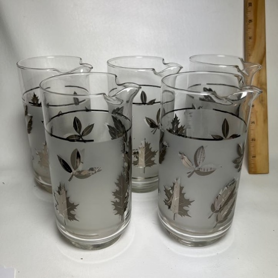 Set of 5 Vintage Libbey Silver Leaf Mixing Glasses with Spouts