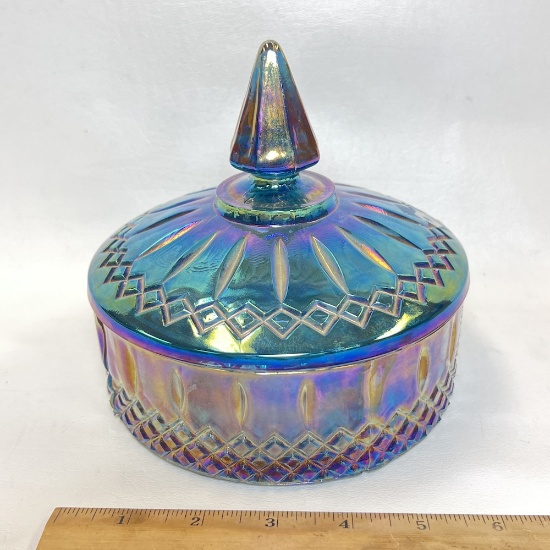 Indiana Glass Iridescent Blue Carnival Glass Covered Candy Dish