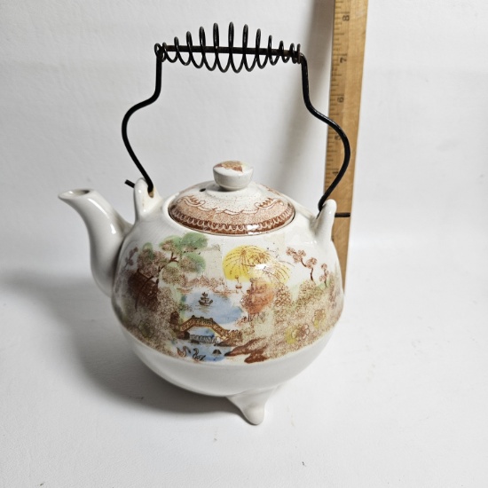 Vintage Oriental Gardens Transferware Teapot with Wire Coil Handle