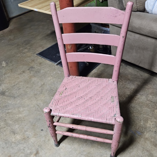 Vintage Ladder Back Chair with Woven Seat, Painted Pink