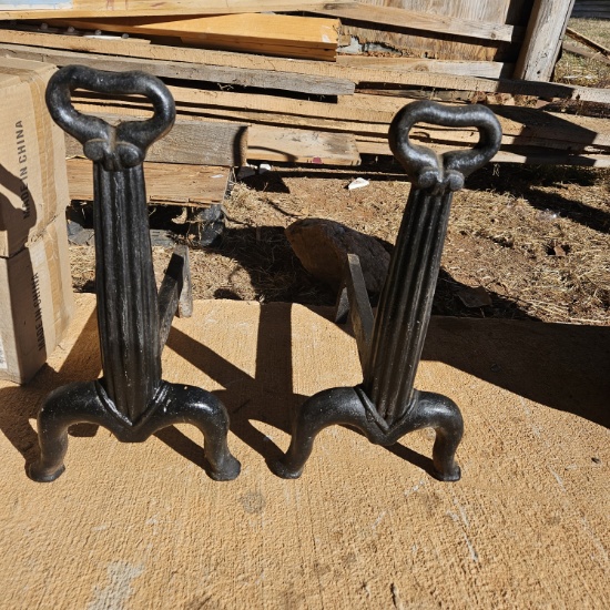 Antique Cast Iron Lodge 18 Skeleton Key Andirons