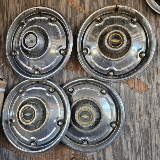 Lot of Vintage Chevrolet Hubcaps, 2 Extra Blue Center Added After Pics