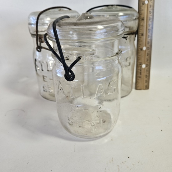Lot of 3 Pint Size Atlas EZ Seal Jars with Glass Lids and Bail Wire