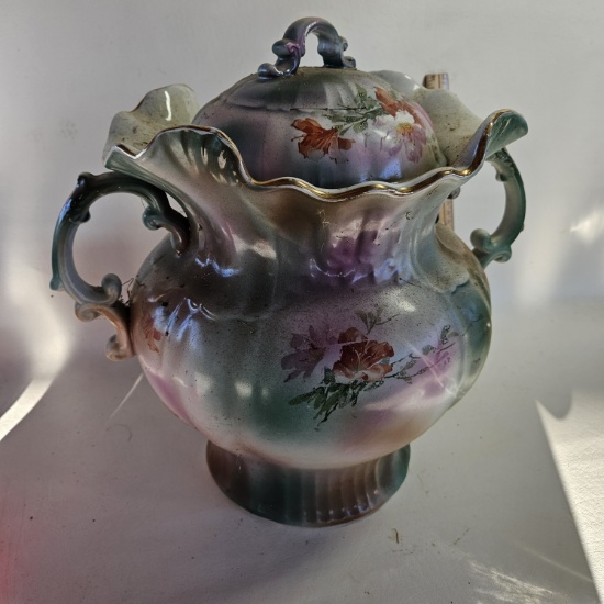 Large Antique Hand Painted Porcelain Chamber Pot / Urn With Lid