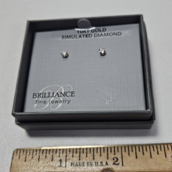 New In Box 10 Kt White Gold Earrings with 3 MM Round Simulated Diamond