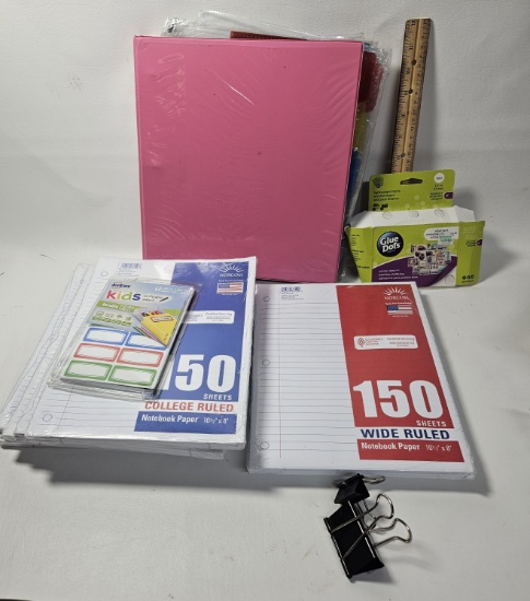 Lot of School Supplies, 7 Packs of Loose Leaf Paper, Binder and More