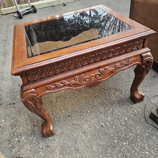 Wood End Table with Glass Top, Paw Feet