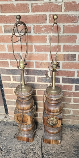 Pair of Vintage Wood and Brass Lamps For Redoing