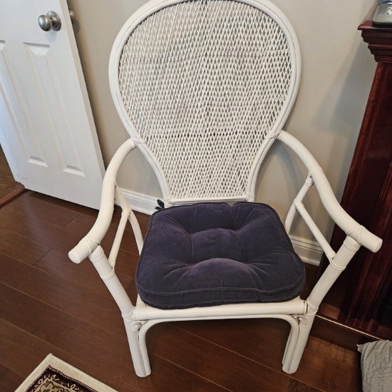 Wicker and Rattan Chair with Blue Velour Cushions
