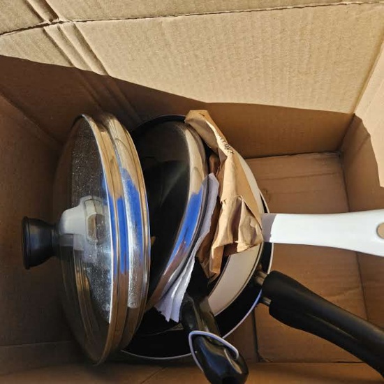 Box Lot of Assorted Frying Pans with Lids