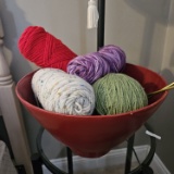 Three Hands Wooden Bowl with Yarn and Needles