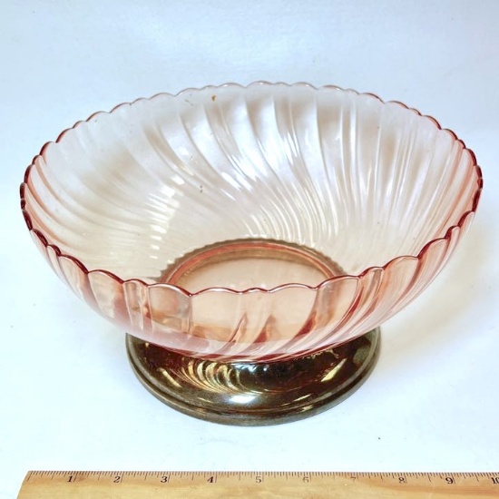 Pink Swirled Glass Arcoroc Bowl with Silver Plated Base Made in France