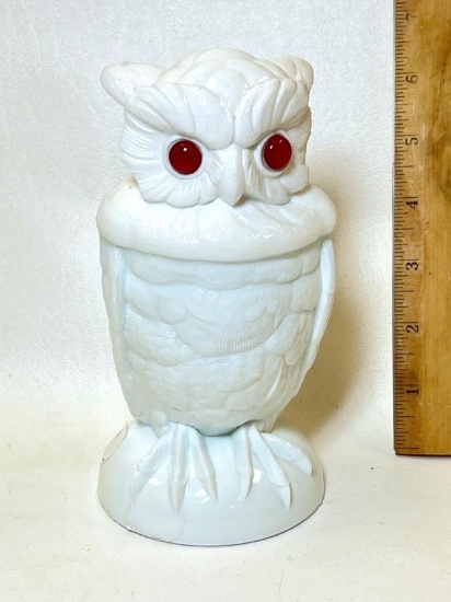 Early Milk Glass Owl Tobacco Jar with Glass Eyes