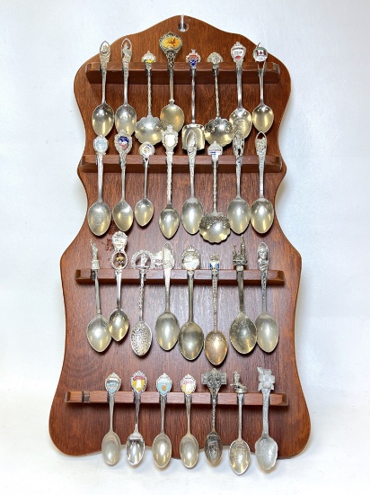 Vintage Wooden Souvenir Spoon Wall Holder FULL of Various Spoons