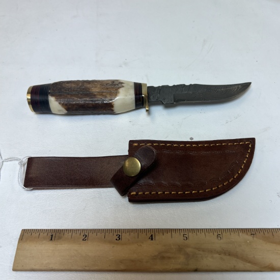 Knife with Damascus Steel Blade & Stag Horn Handle with Leather Scabbord