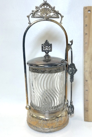 Ornately Decorated Plated Pickle Caster with Tongs