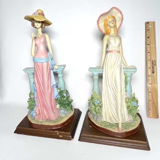 Pair of Molded Resin Ladies with Hats on Wooden Bases