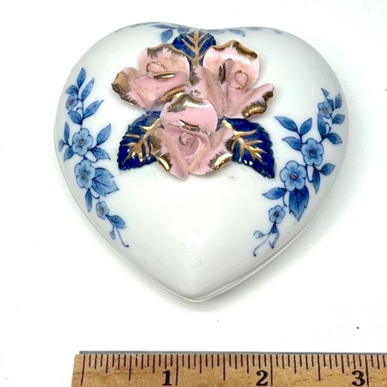 Porcelain Blue & White Heart Shaped Trinket Box with Pink & Gilt Roses
