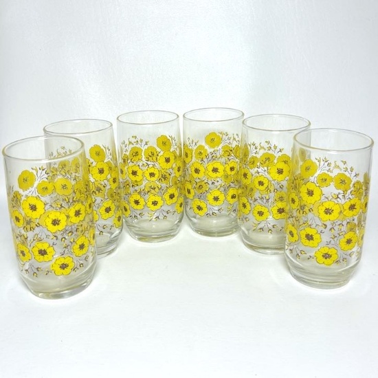 1970's 6 pc Yellow Flower Glass Tumblers Set