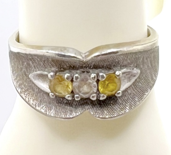 10K White Gold Ring with 2 Yellow Stones & 1 Clear Stone