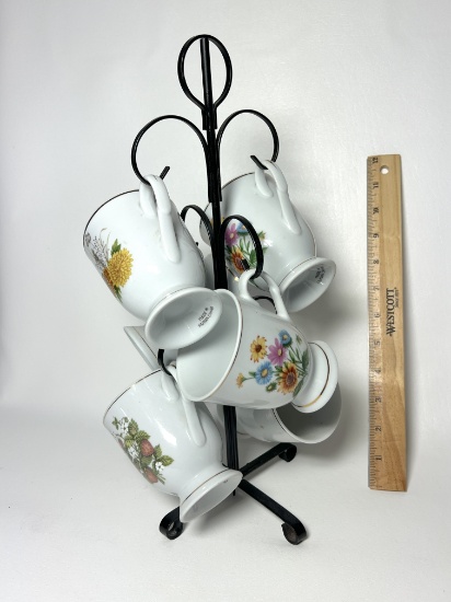 Retro Black Metal Mug Tree with Various Mugs