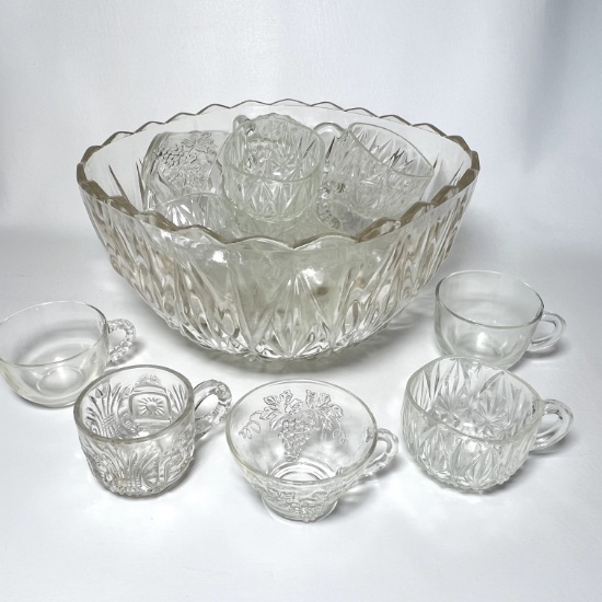 Vintage Clear Glass Punch Bowl with Various Styles of Glass Cups