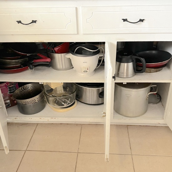 Cabinet Lot Full of Various Pots, Pans, Small Appliances & More