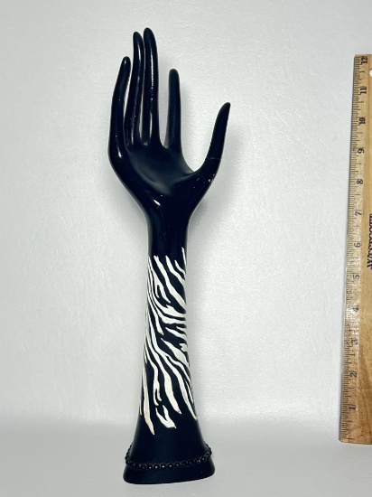 Black Plastic Ring Display Hand & Arm with Zebra Print