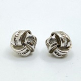 Pair of Sterling Silver Knotted Earrings with Clear Stones