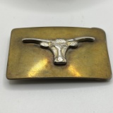 Vintage Brass Belt Buckle with Long Horn