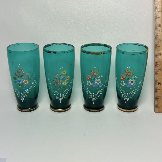 Set of 4 Vintage Teal Glass Tumblers with Floral Print & Gilt Accent